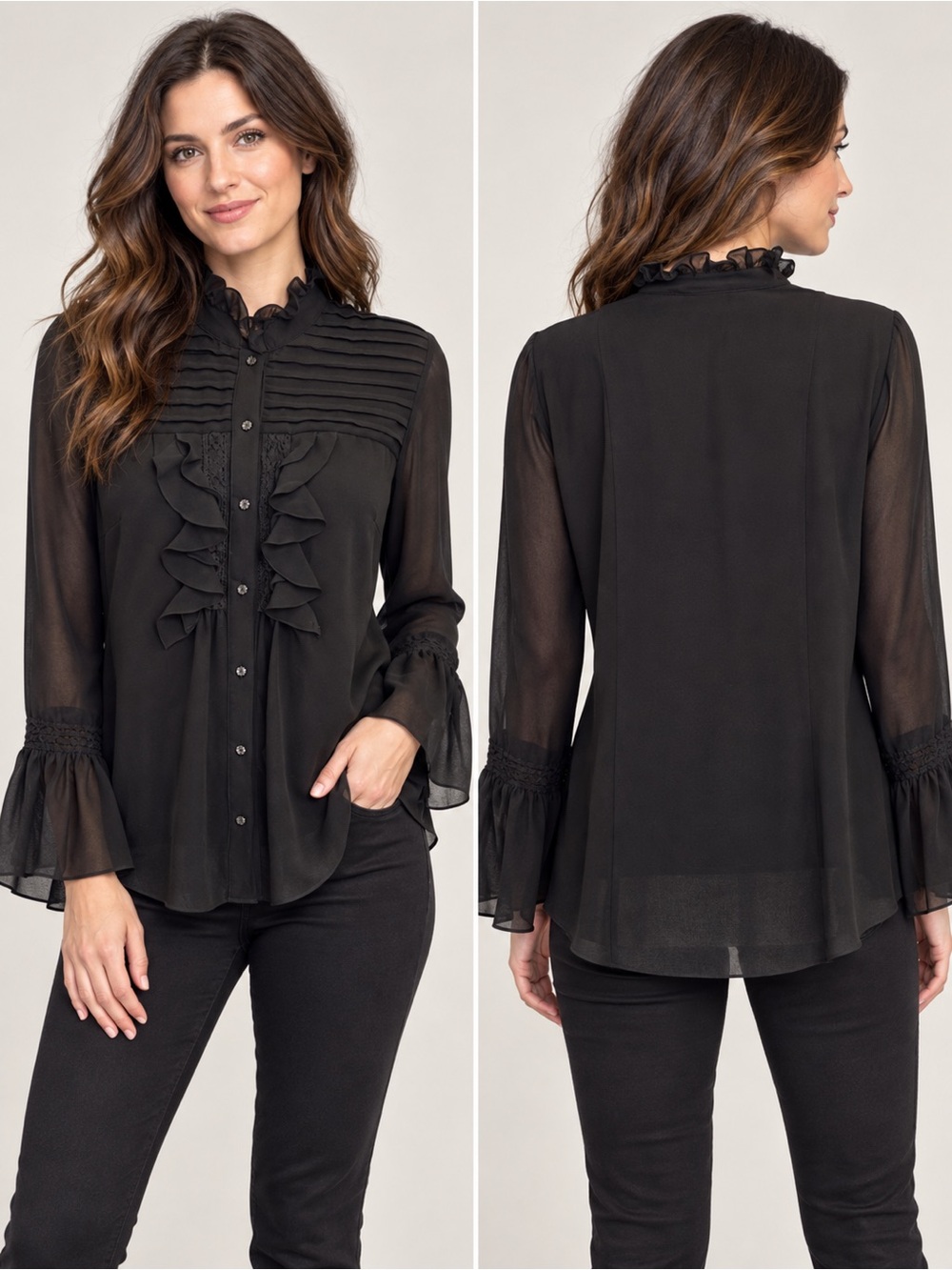 DG2 by Diane Gilman Black Ruffle Pintuck Sheer Bell Sleeve Blouse Size M
